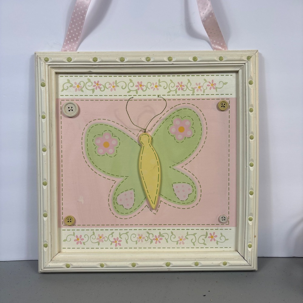Vintage Style Butterfly Framed Wall Art Nursery Teen Retro Decor Pink Ribbon